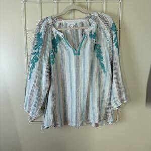 J Jill Love Linen Size L Top, Striped with Blue Embroidery Detail Boho